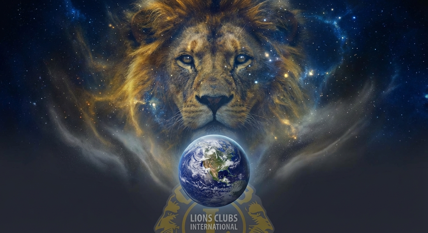 AI-generated illustration of a cosmic lion in Lions Clubs official blue and gold colors watching over the Earth from space.
